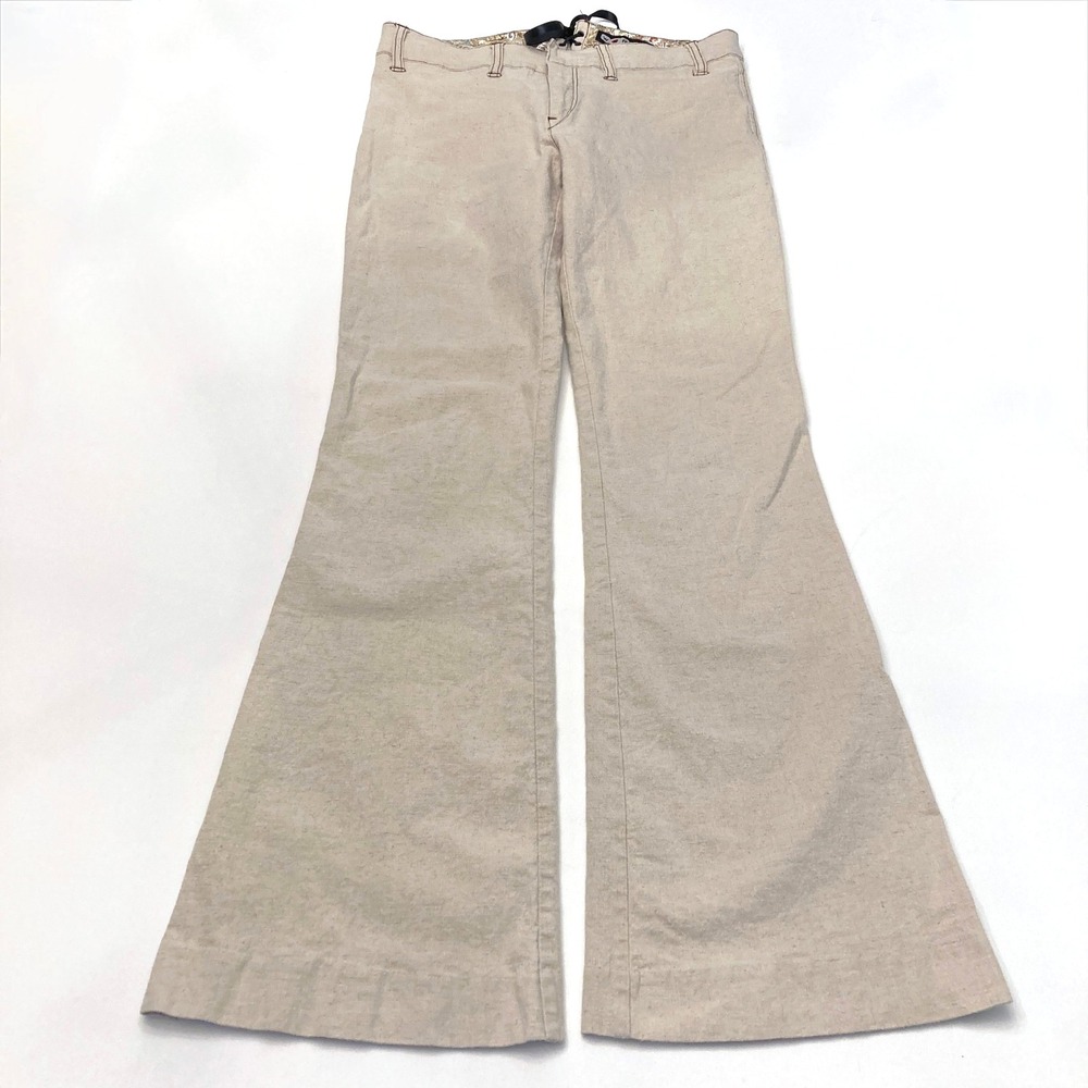 World Linen Cotton Flare Pants Womens Junior 9/10 Back Lace Up Y2K Beige Neutral